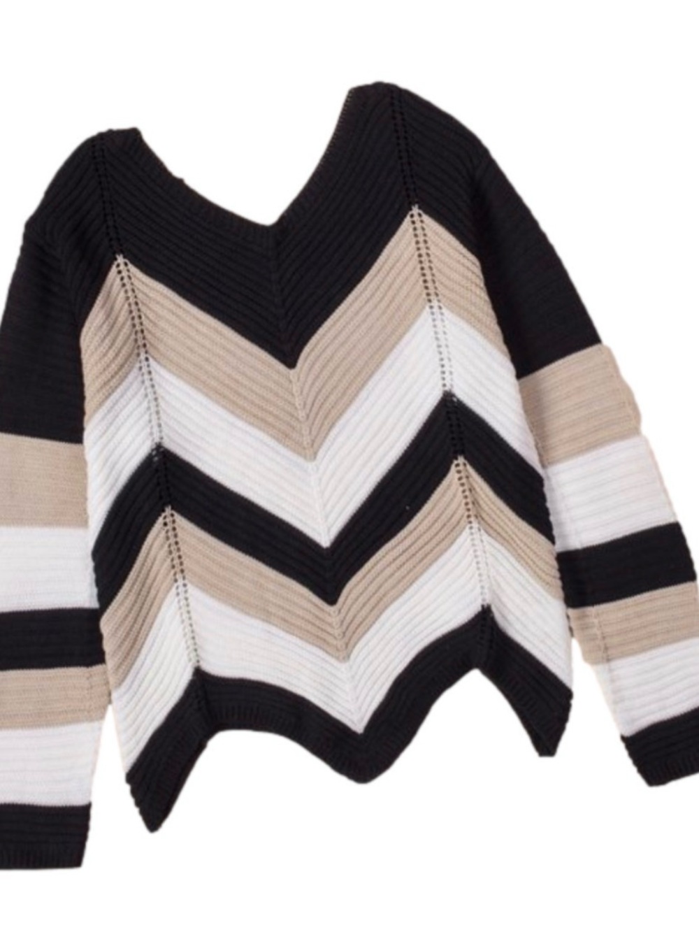 Roman Chevron Design Colorblock Knit Sweater, Women’s M, Black Beige White